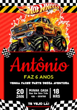 Convite de Aniversário Hot Wheels Monster Truck para editar online