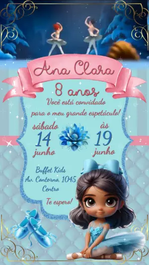 Convite Animado Aniversário Bailarina Morena para Editar Online