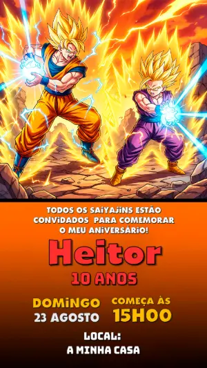 Convite de Aniversário Dragon Ball Z Editável com Goku e Gohan