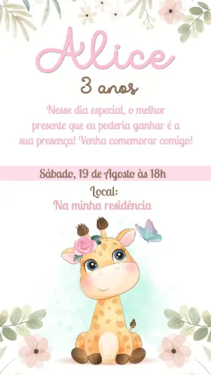 Convite Aniversário Girafa Aquarela Menina para Editar