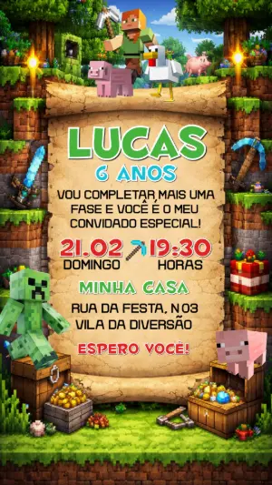 Convite de Aniversário Minecraft para Editar e Enviar