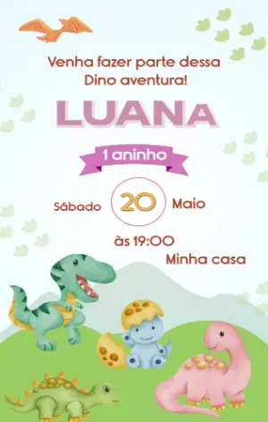 Convite Aniversário Dino Baby Menina para Editar Online