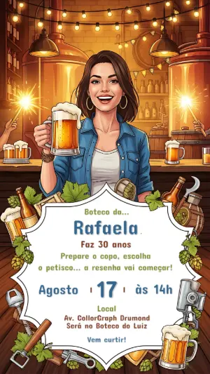 Convite de Aniversário Boteco Ilustrado para Editar Online