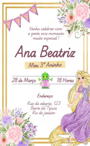 Convite de Aniversário Rapunzel Floral Editável