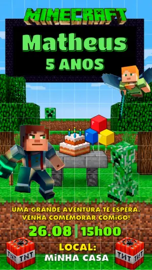 Convite Digital Minecraft: Modelo Editável para Aniversário