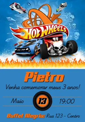 Convite de Aniversário Hot Wheels Carros de Corrida Editável