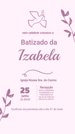Convite de Batizado Delicado Rosa com Pomba para Editar