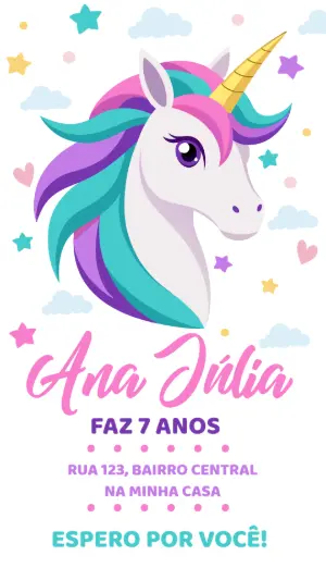 Convite de Aniversário Unicórnio Mágico Colorido para Editar