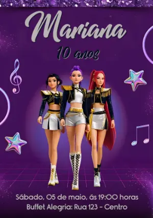 Convite de Aniversário Guerreiras do K-Pop com Glitter para Editar