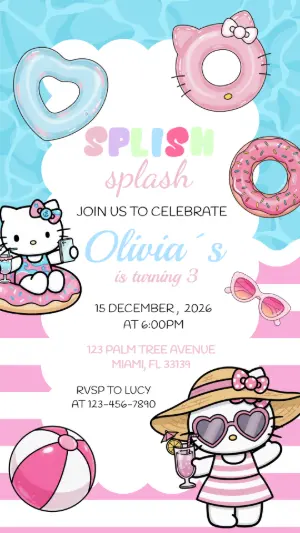 Editable Hello Kitty Pool Party Birthday Invitation