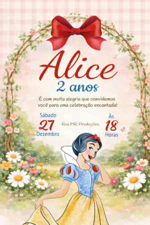 Convite Animado Branca de Neve Floral para Aniversário Editável