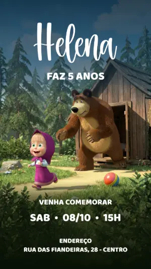 Convite de Aniversário Masha e o Urso na Floresta Editável