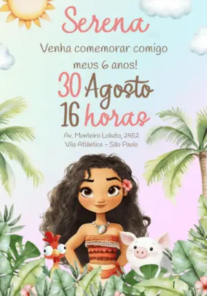 Convite de Aniversário Moana com Personagens para Editar