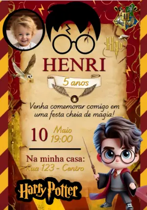 Convite de Aniversário Harry Potter com Foto para Editar