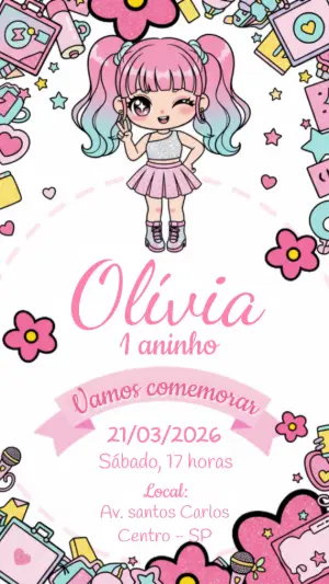 Convite de Aniversário Infantil Boneca Pop Rosa Editável
