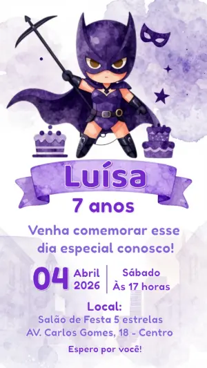 Convite de Aniversário Super-Heroína Roxa para Editar Online