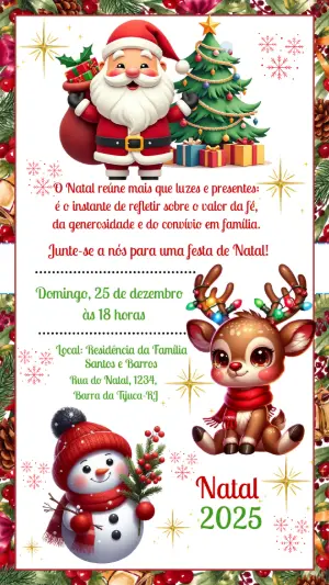 Convite de Natal Fofo com Papai Noel e Rena para Editar Online
