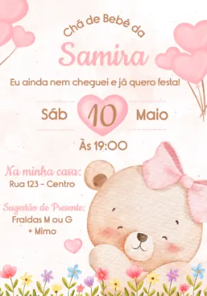 Convite Chá de Bebê Ursinha Rosa Aquarela Editável