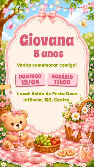 Convite de Aniversário Piquenique da Ursinha Editável