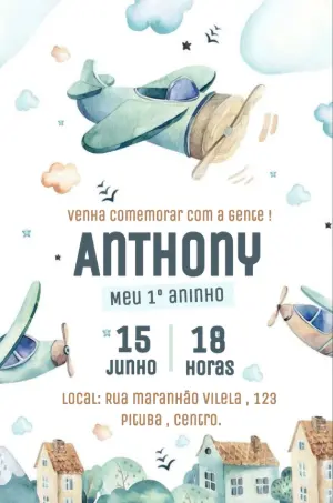 Convite Aniversário Avião Aquarela para Editar Online