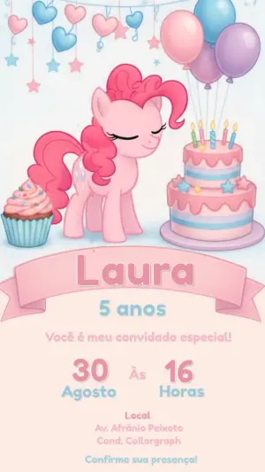 Convite Animado My Little Pony Rosa para Aniversário Editável