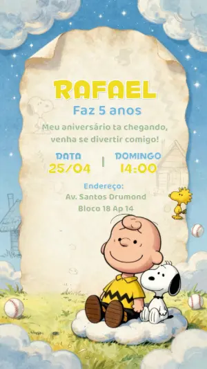 Convite de Aniversário Snoopy e Charlie Brown Editável