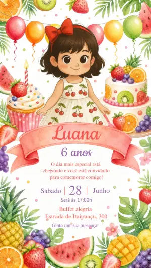Convite Aniversário Infantil Frutinhas Aquarela para Editar