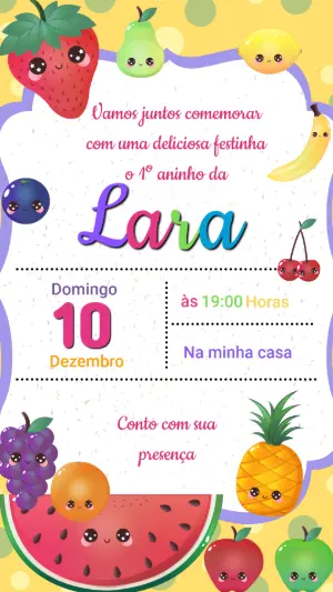 Convite de Aniversário Infantil Tema Frutinhas Fofas Editável