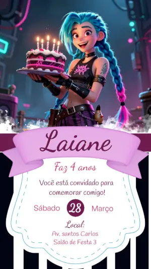Convite de Aniversário Jinx Gamer | Modelo Digital Editável