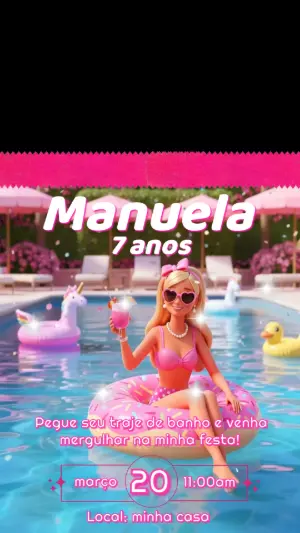 Convite Vídeo Animado Barbie Pool Party para Editar