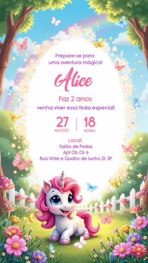 Convite de Aniversário Unicórnio Mágico para Editar Online