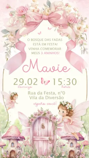 Convite de Aniversário Infantil Fada no Bosque Rosa para Editar