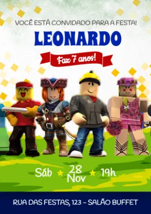 Convite de Aniversário Roblox com Personagens para Editar Online