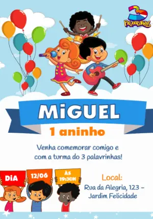 Convite de Aniversário 3 Palavrinhas para Editar Online