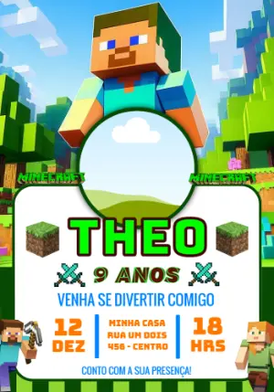 Convite de Aniversário Minecraft Editável para Festa Infantil