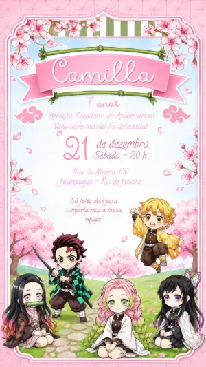 Convite de Aniversário Demon Slayer Chibi Rosa para Editar