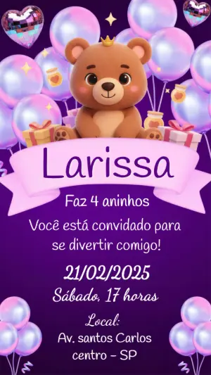 Convite de Aniversário Ursinha Princesa Roxo Editável