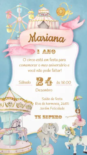 Convite Aniversário Circo Rosa Aquarela para Editar Online