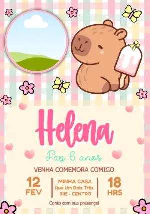 Convite Digital Aniversário Infantil Tema Capivara com foto para Editar