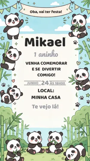 Convite Digital Infantil de Panda para Aniversário Editável