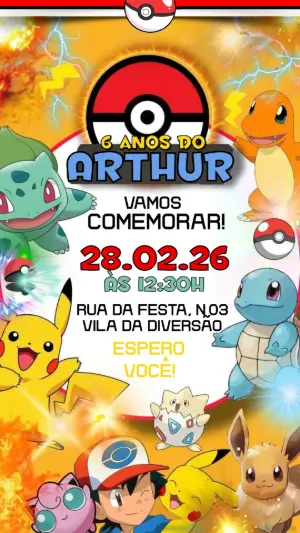Convite Digital Pokémon para Aniversário Infantil Editável