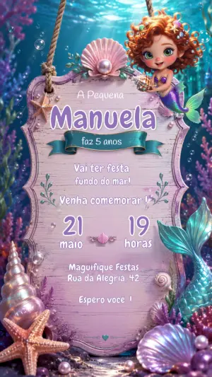 Convite de Aniversário A Pequena Sereia Editável