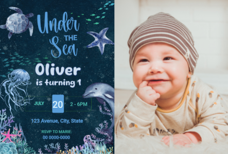 Under the Sea 1st Birthday Invitation with Photo, Editable Template