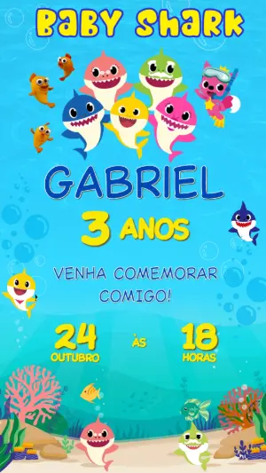 Convite de Aniversário Baby Shark Colorido para Editar