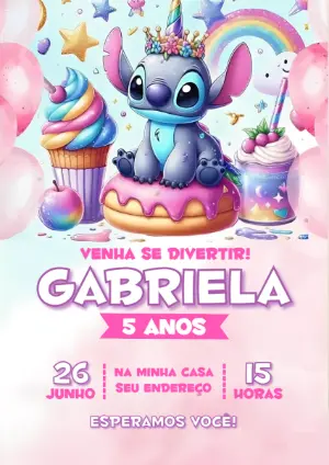 Convite de Aniversário Stitch Unicórnio Fofo para Editar