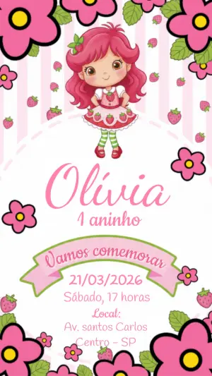 Convite de Aniversário Moranguinho Rosa e Verde Editável