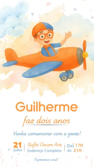Convite de Aniversário Bipli Aviador Aquarela para Editar