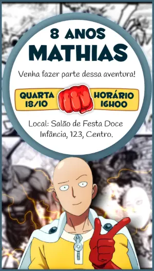 Convite Aniversário One Punch Man para Editar Online