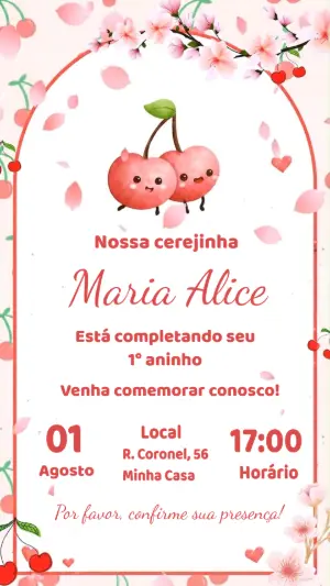Convite Animado Aniversário Tema Cerejinha para Editar