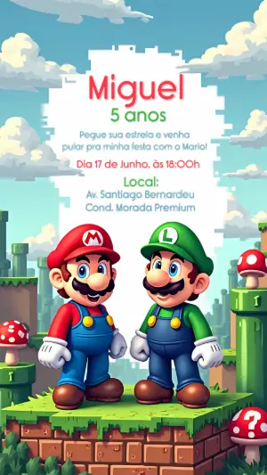 Convite Aniversário Mario Bros e Luigi para Editar Online